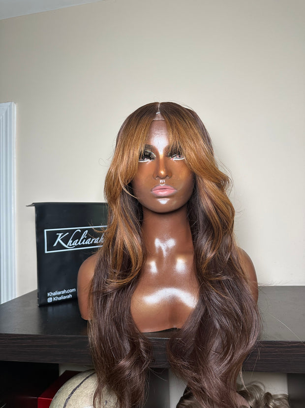 Glueless Ginger and Chocolate Wig with Curtain Bang