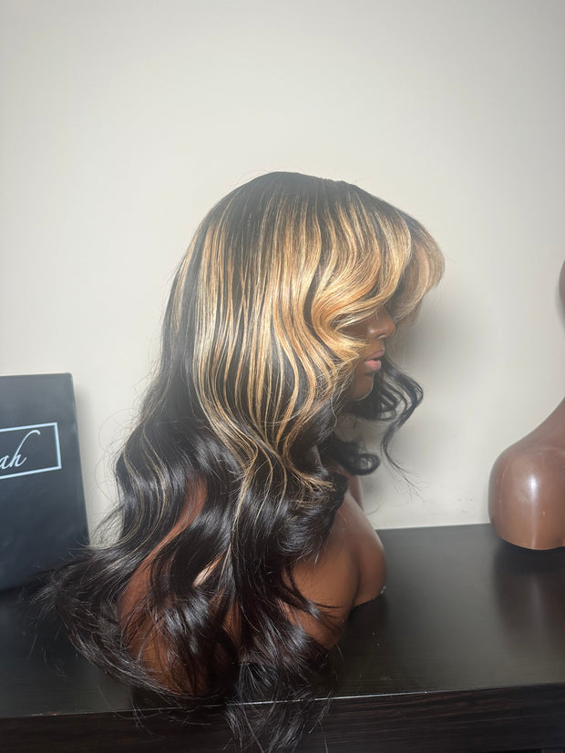 Curtain Bang Wig with Honey Blonde partial highlight